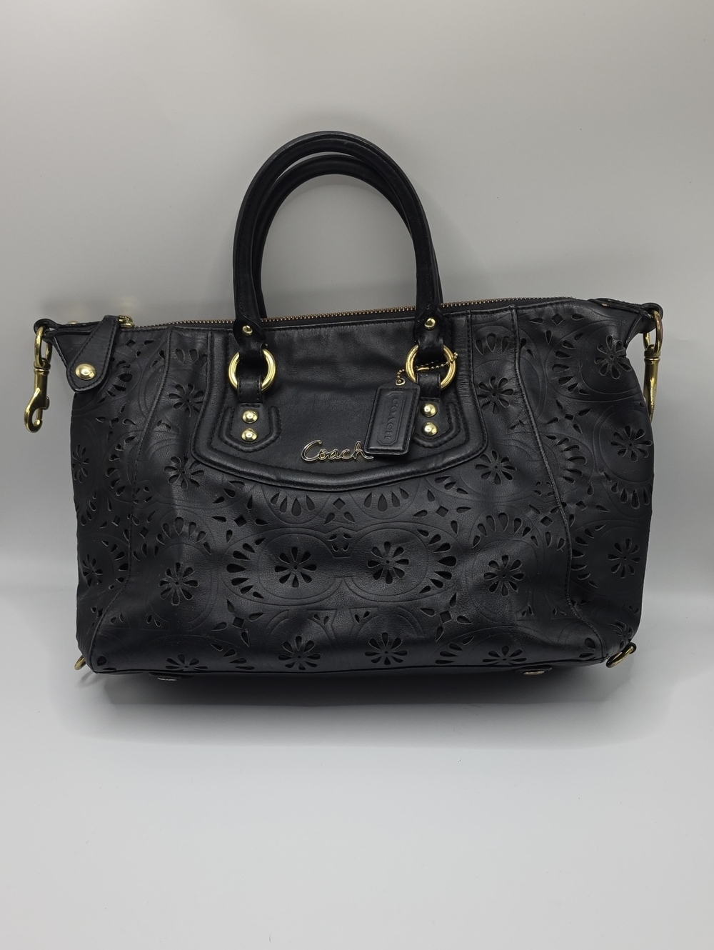 Coach Black Ashley Laser-Cut Floral Leather Satchel with Gold Hardware